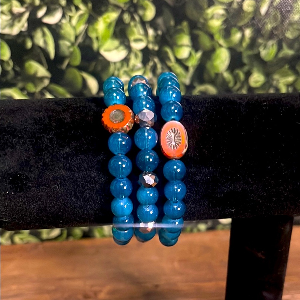 Blue Beaded Bracelet Set with Orange Accents 3PC Set